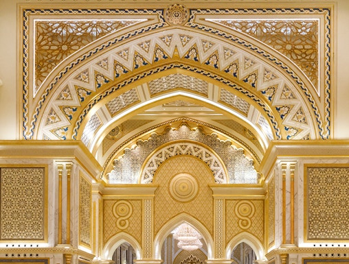 Qasr Al Watan interior with ornate arches and intricate patterns, Abu Dhabi.