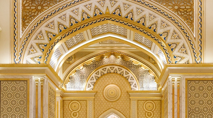 Qasr Al Watan interior with ornate arches and intricate patterns, Abu Dhabi.