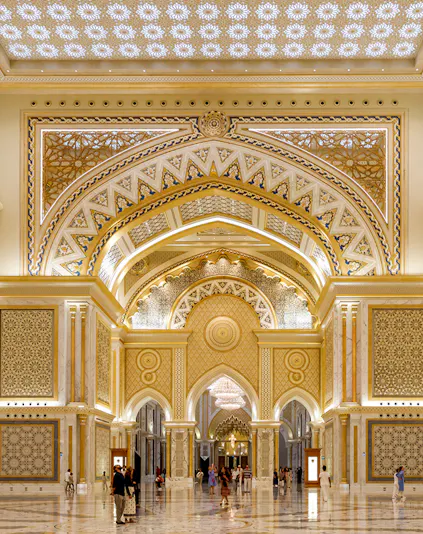 Qasr Al Watan interior with ornate arches and intricate patterns, Abu Dhabi.