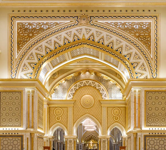 Qasr Al Watan interior with ornate arches and intricate patterns, Abu Dhabi.