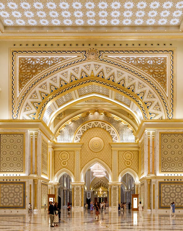 Qasr Al Watan interior with ornate arches and intricate patterns, Abu Dhabi.