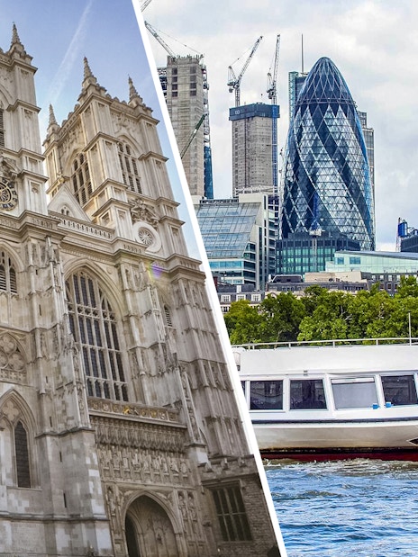 Westminster Abbey facade and boat on River Thames with London skyline.