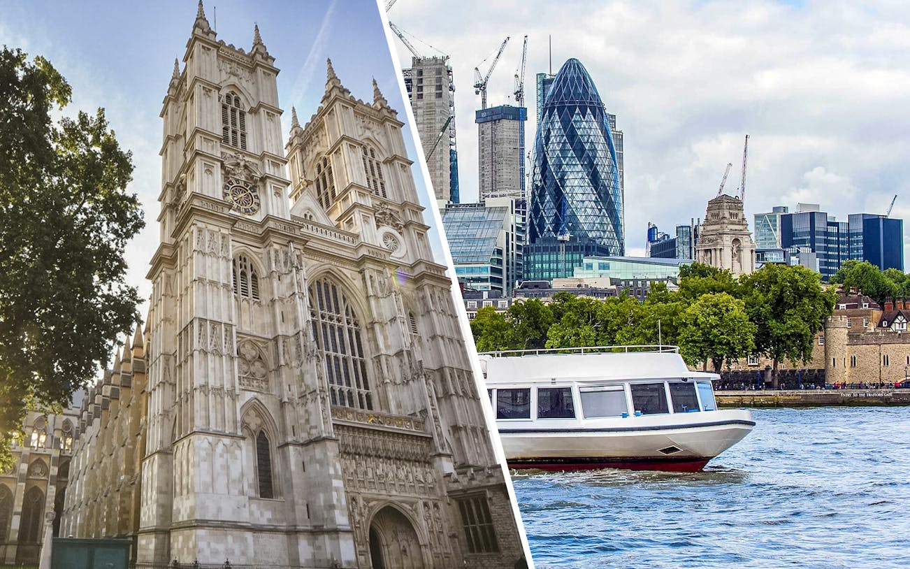 Westminster Abbey facade and boat on River Thames with London skyline.