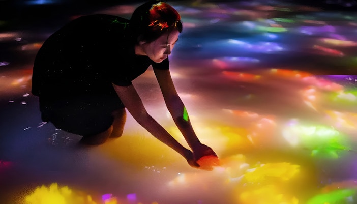 Koi swimming among vibrant digital flowers at teamLab Tokyo exhibition.