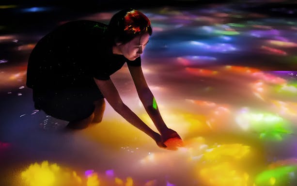 Interactive digital art with koi and flowers at teamLab Tokyo.
