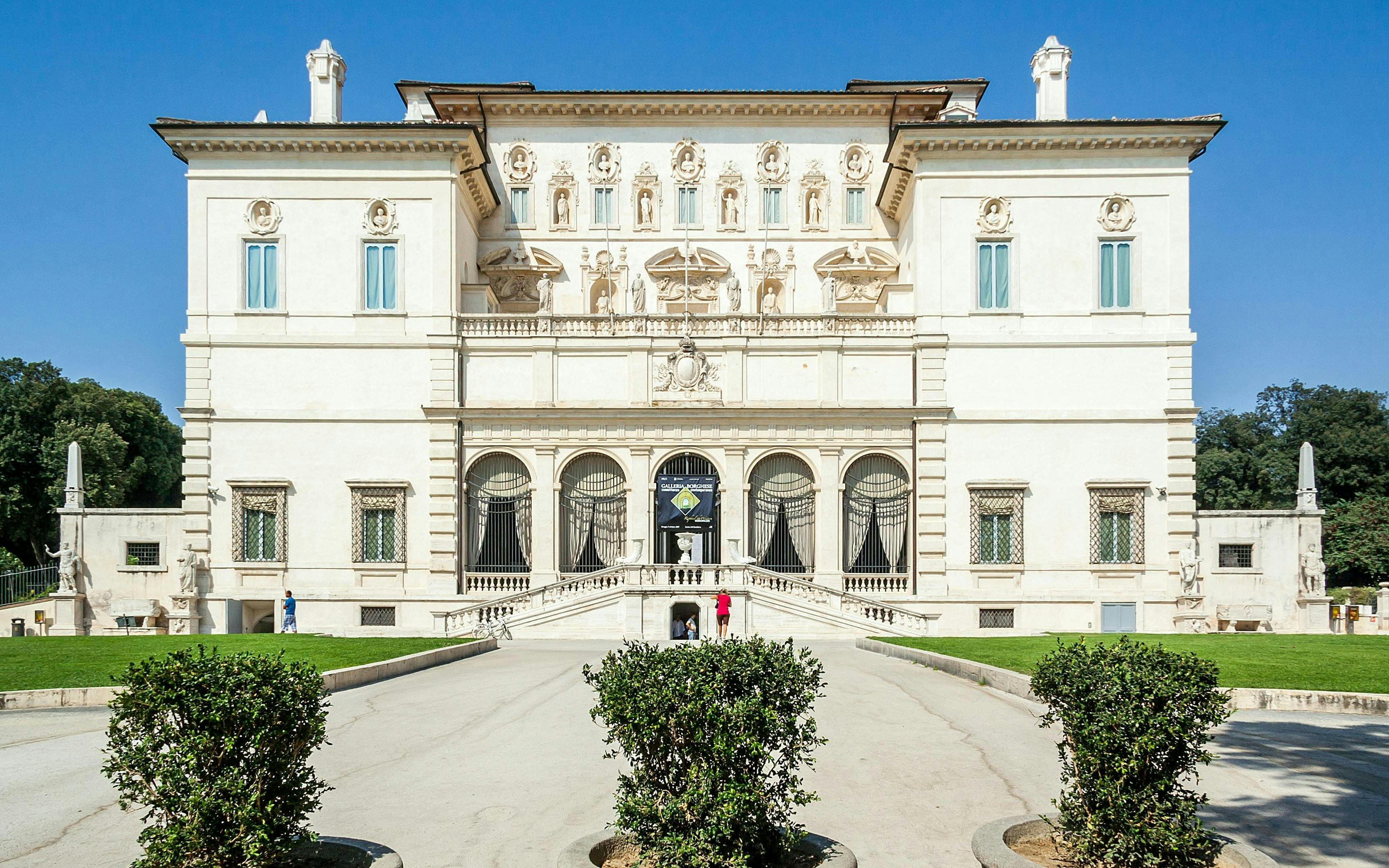 Borghese Gallery facade in Villa Borghese, Rome, showcasing 18th-century architecture.