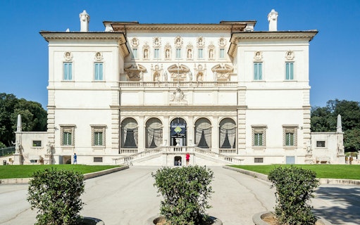 Borghese Gallery facade in Villa Borghese, Rome, showcasing 18th-century architecture.