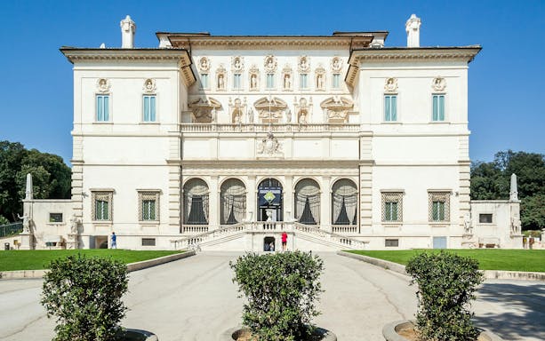 Borghese Gallery facade in Villa Borghese, Rome, showcasing 18th-century architecture.