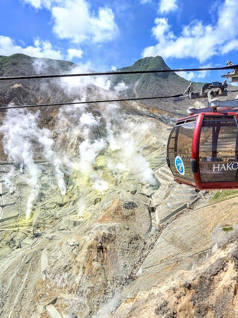 Hakone Ropeway cable car over Owakudani volcanic valley with steam vents, Japan.