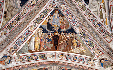 Siena Duomo fresco depicting religious figures and scenes, part of OPA SI Pass tour.