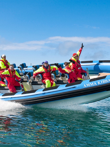 RIB speedboat with passengers on Husavik waters during whale and puffin tour, Iceland.