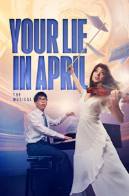 Musicians performing "Your Lie in April" concert in Tokyo, Japan, with a grand piano and violin on stage.