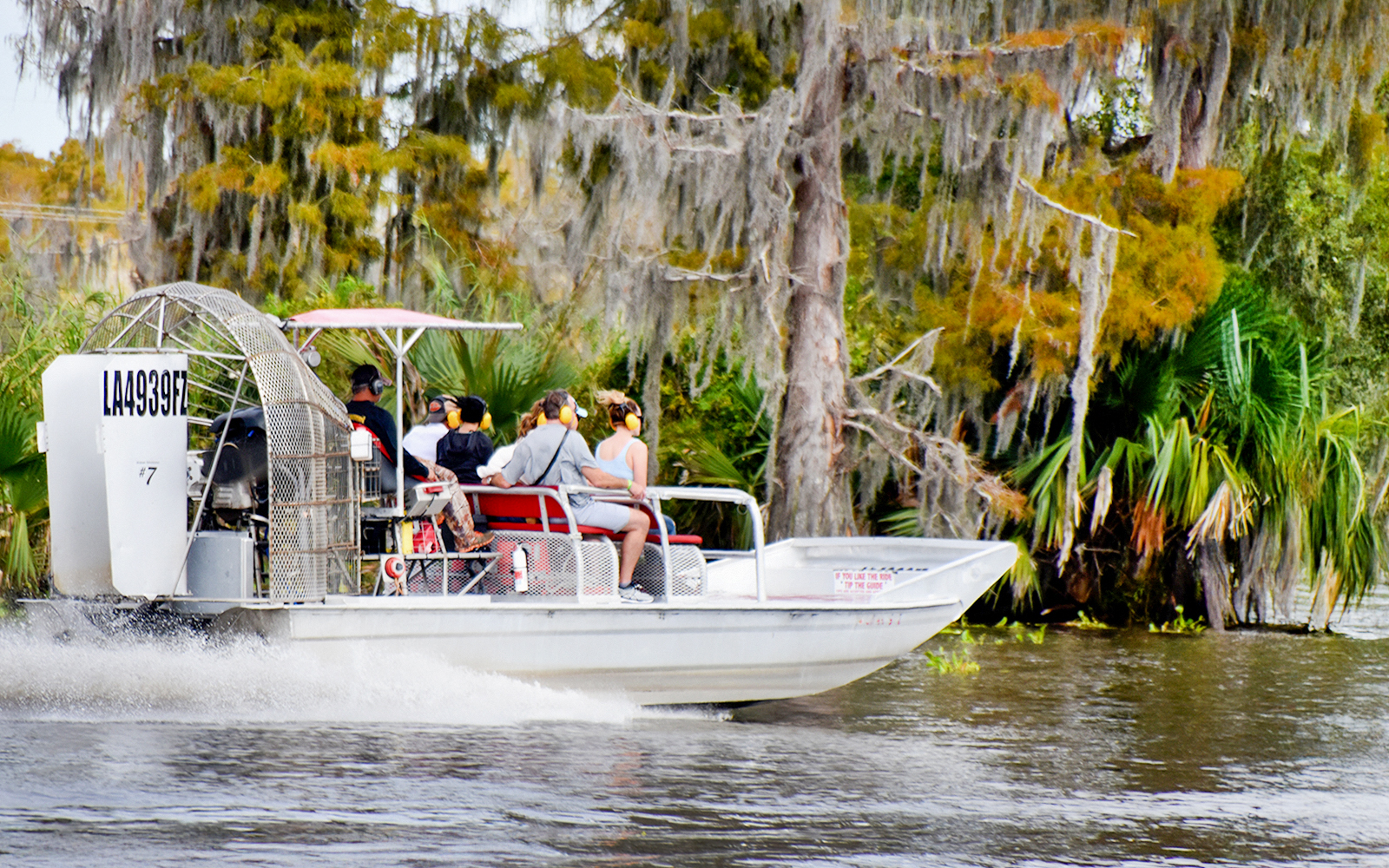 Airboat with tourists exploring swamp in New Orleans.
