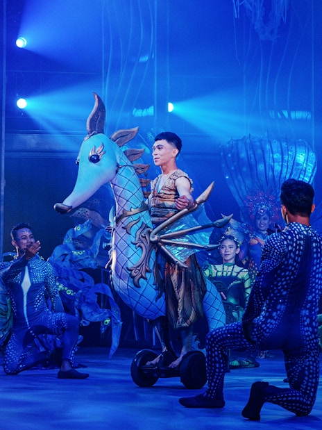 Performers in aquatic costumes during Varuna, Underwater Theatrical Dining Experience.