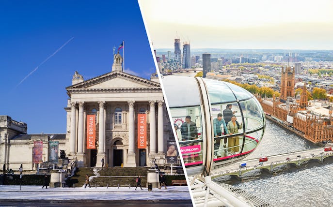 Tate Britain museum and London Eye capsule overlooking the River Thames and Westminster.