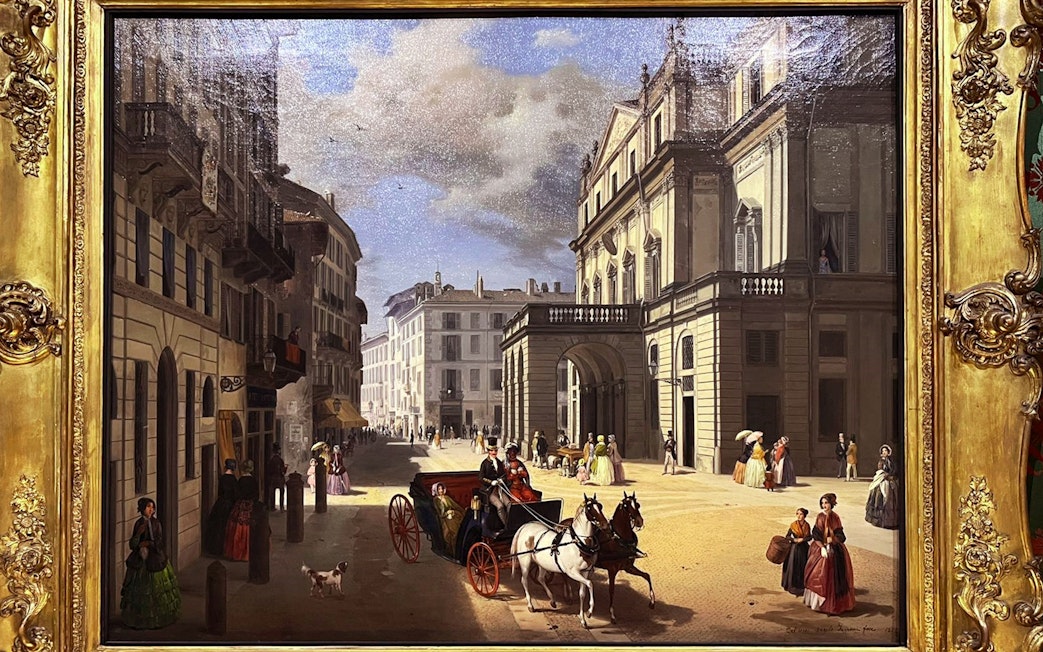 La Scala Theatre painting depicting a 19th-century street scene with horse-drawn carriage in Milan.