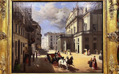 La Scala Theatre painting depicting a 19th-century street scene with horse-drawn carriage in Milan.