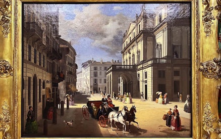 La Scala Theatre painting depicting a 19th-century street scene with horse-drawn carriage in Milan.