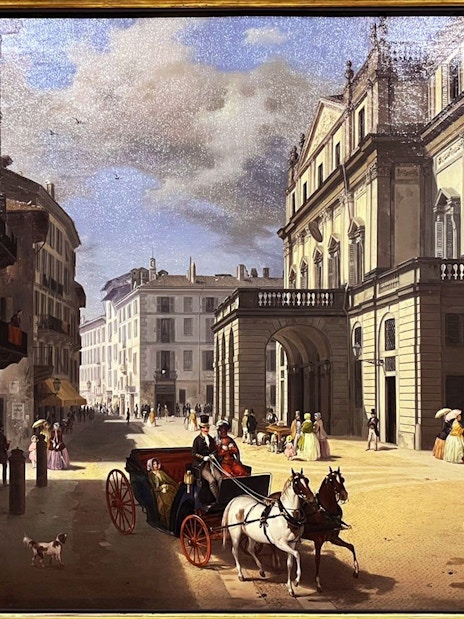 La Scala Theatre painting depicting a 19th-century street scene with horse-drawn carriage in Milan.