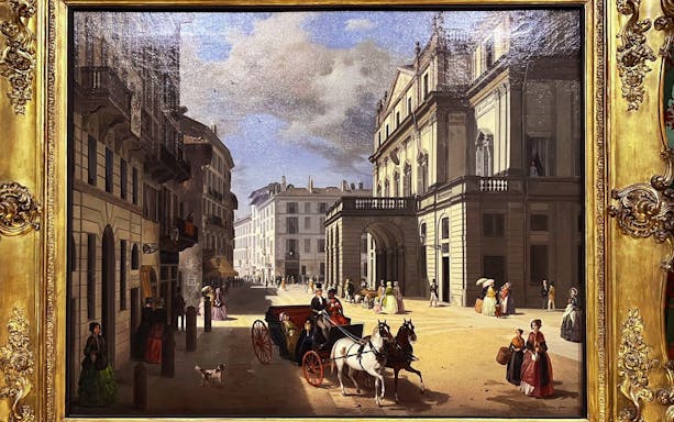La Scala Theatre painting depicting a 19th-century street scene with horse-drawn carriage in Milan.