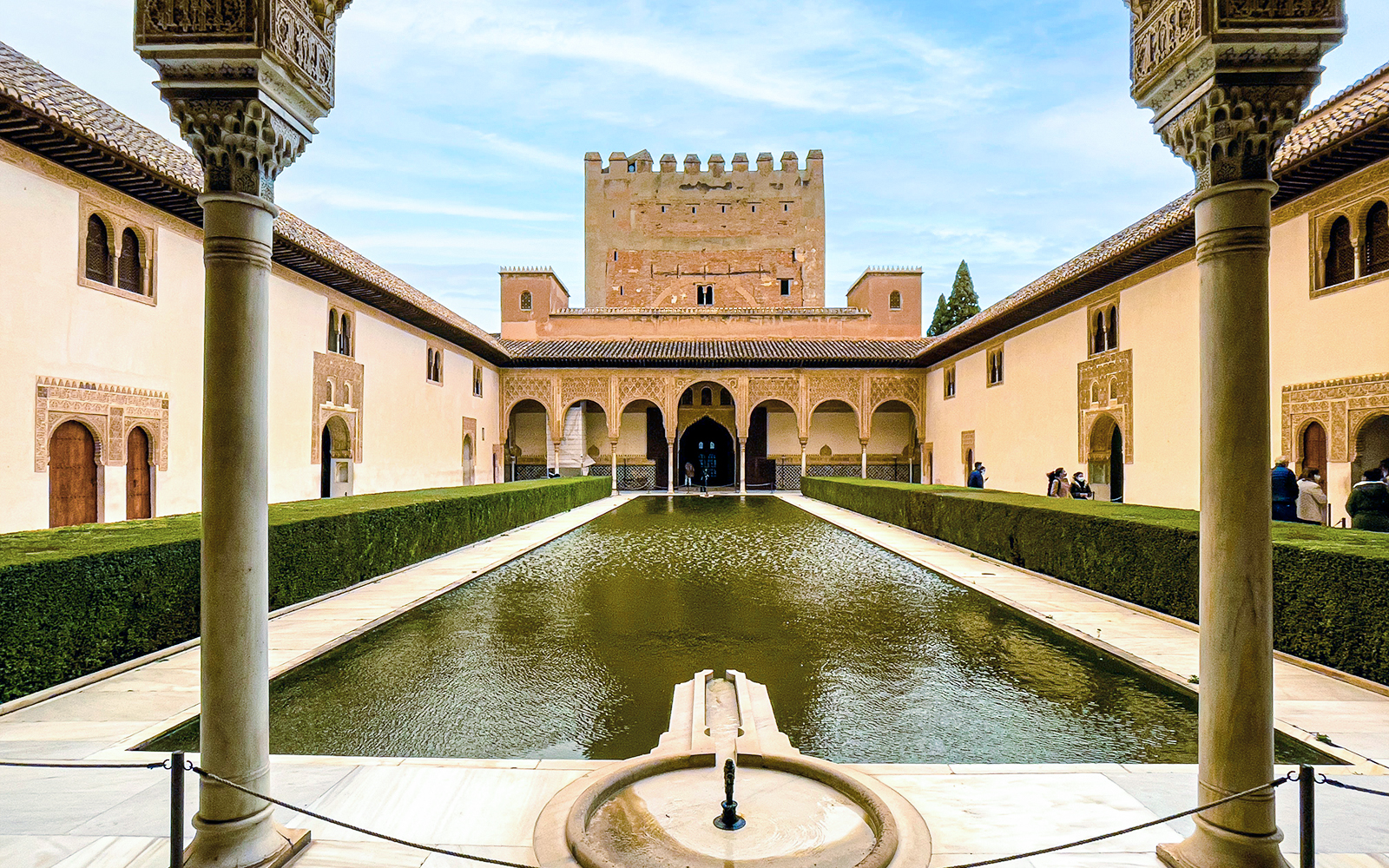 Court of the Myrtles with reflecting pool at Alhambra Palace, Granada, Spain.