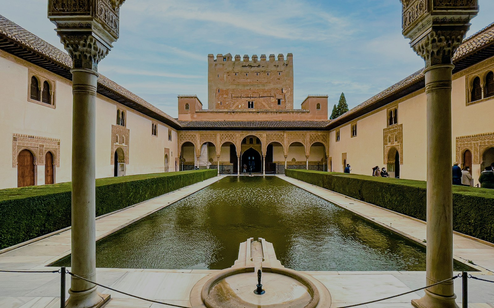Court of the Myrtles with reflecting pool at Alhambra Palace, Granada, Spain.
