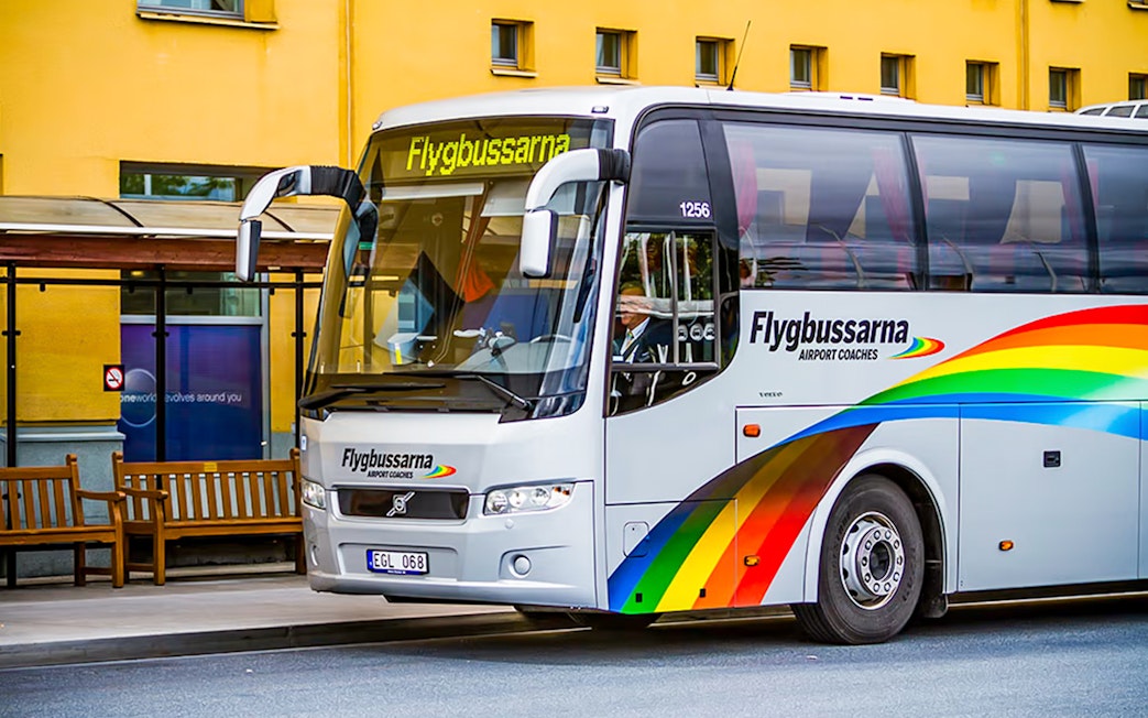 Flygbussarna airport coach at Stockholm bus stop for Arlanda Airport route.