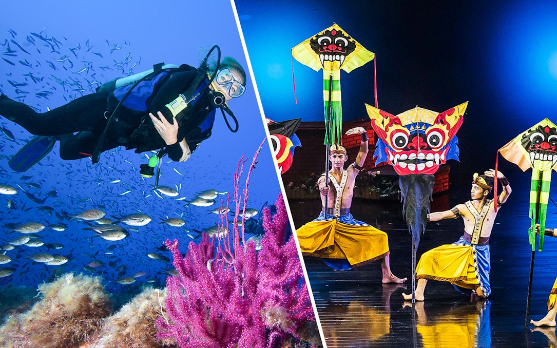 Scuba diver in Tanjung Benoa waters and performers at Devdan Show with traditional masks.