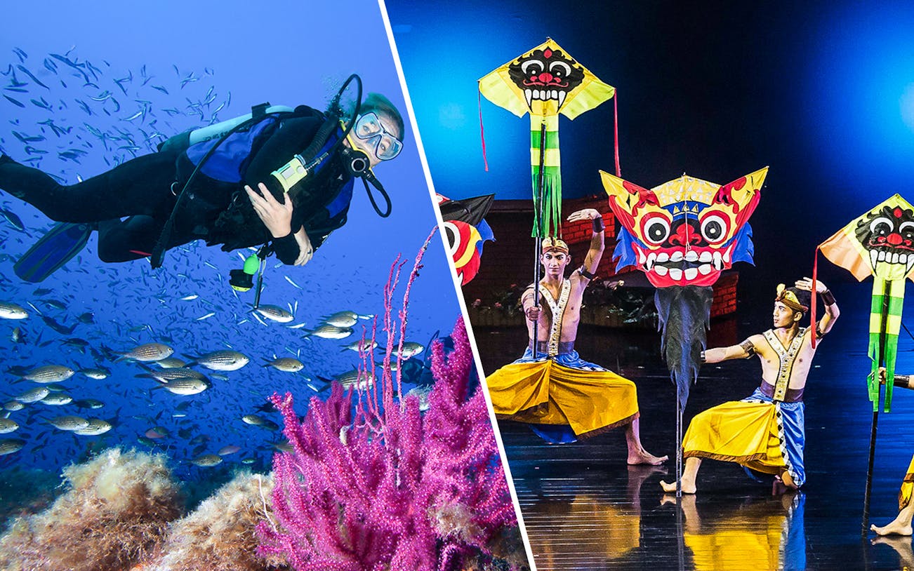 Scuba diver in Tanjung Benoa waters and performers at Devdan Show with traditional masks.