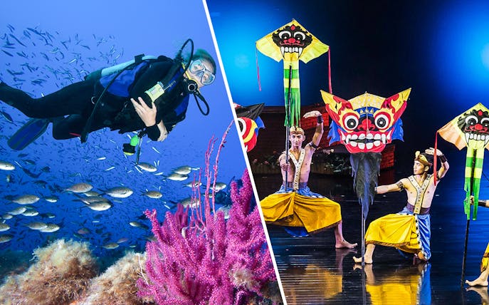 Scuba diver in Tanjung Benoa waters and performers at Devdan Show with traditional masks.