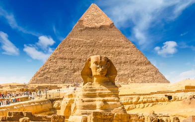 Sphinx and Pyramid of Giza in Cairo, Egypt.