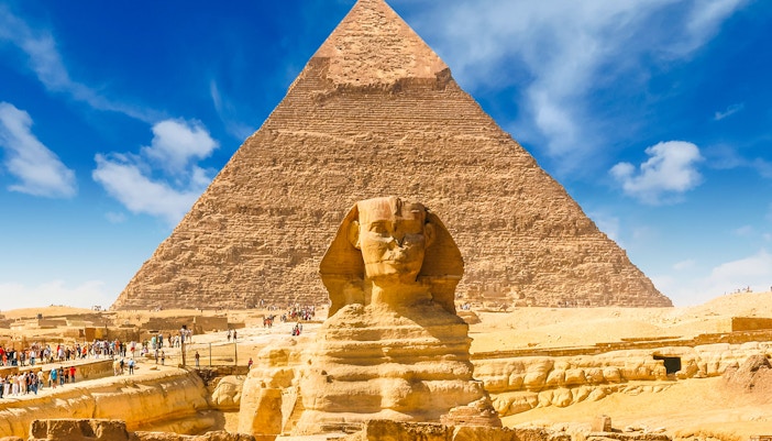 Sphinx and Pyramid of Giza in Cairo, Egypt.
