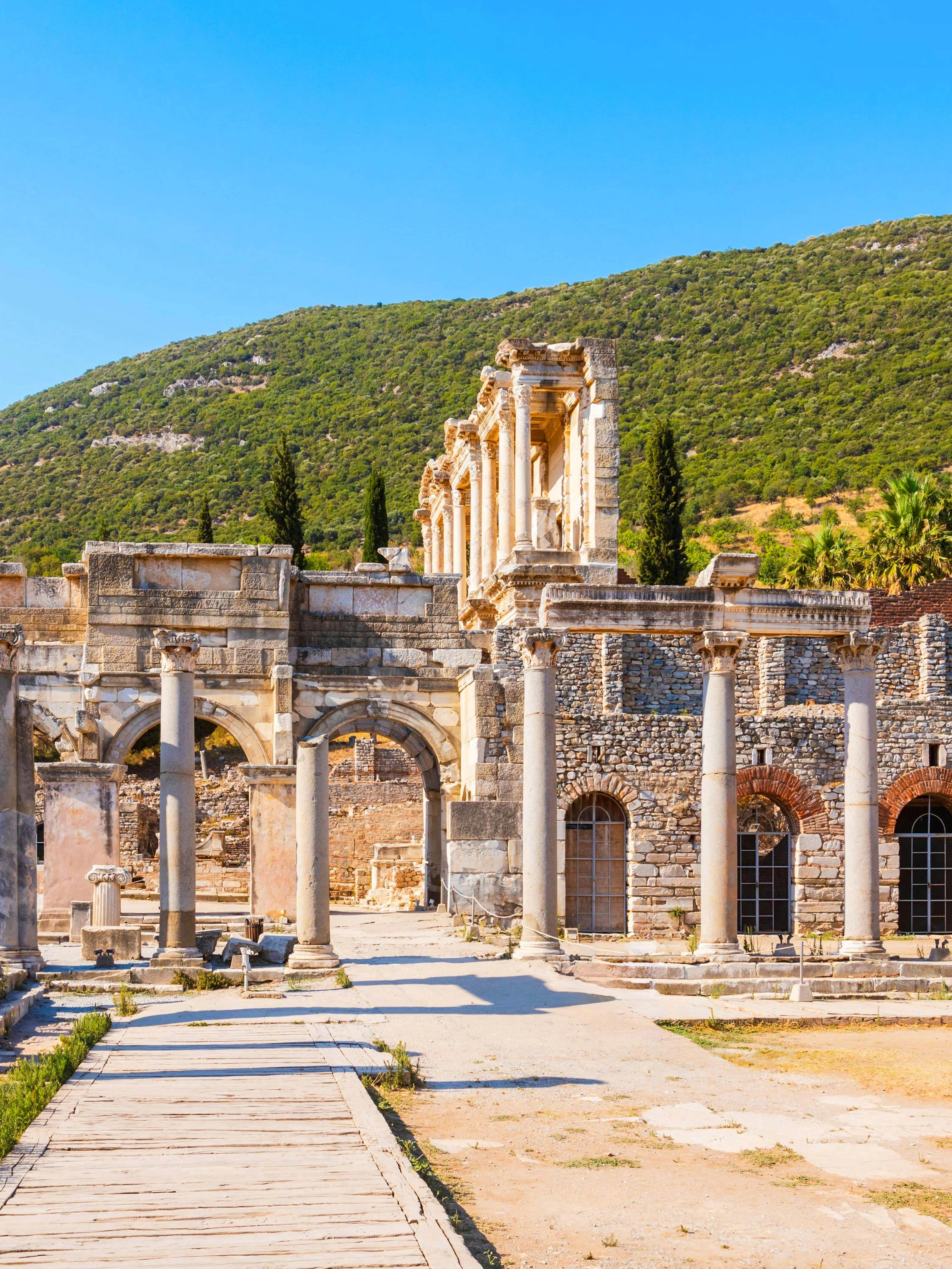 Ancient ruins of Ephesus with stone columns and arches, Turkey.