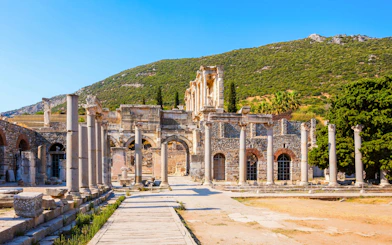 Ancient ruins of Ephesus with stone columns and arches, Turkey.