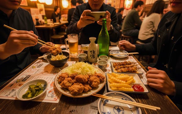 Chicken karaage and sake on a table during Osaka night food tour.