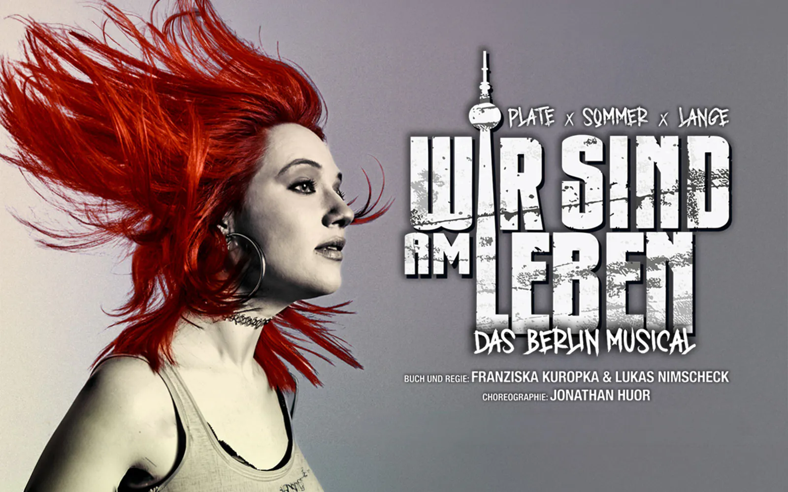 Berlin musical poster with red-haired woman and "Wir Sind Am Leben" text.