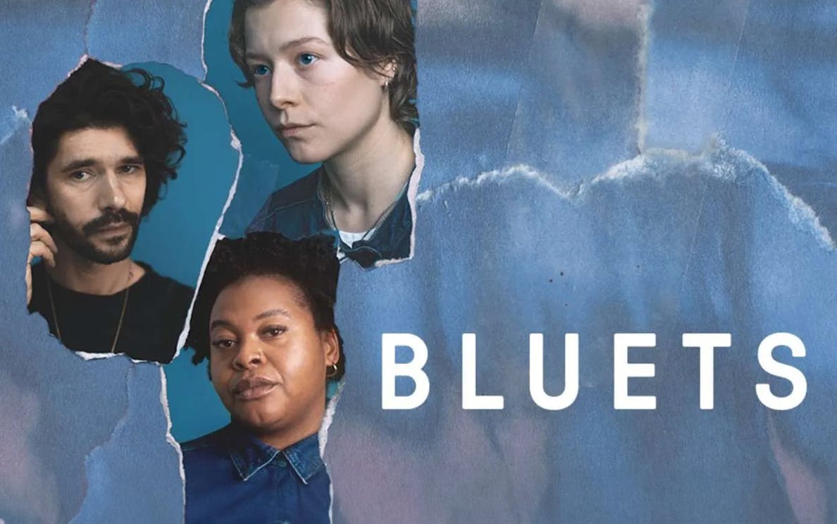 Torn blue paper collage with three people and the word "Bluets" in white text.