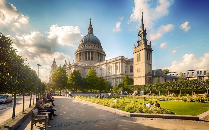 St. Paul's Cathedral in London with people relaxing in the garden.
