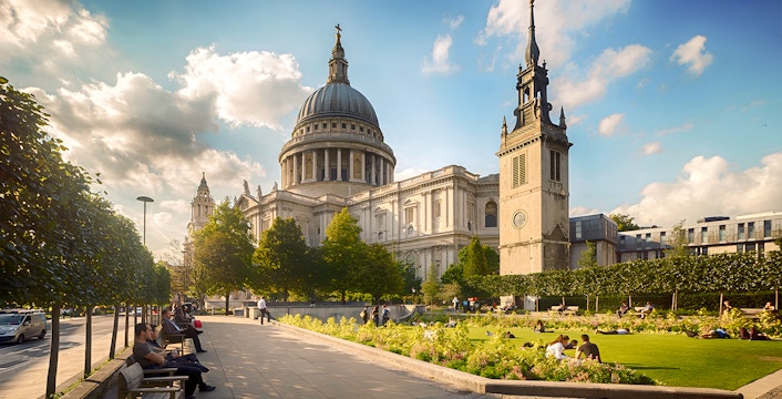 St. Paul's Cathedral in London with people relaxing in the garden.