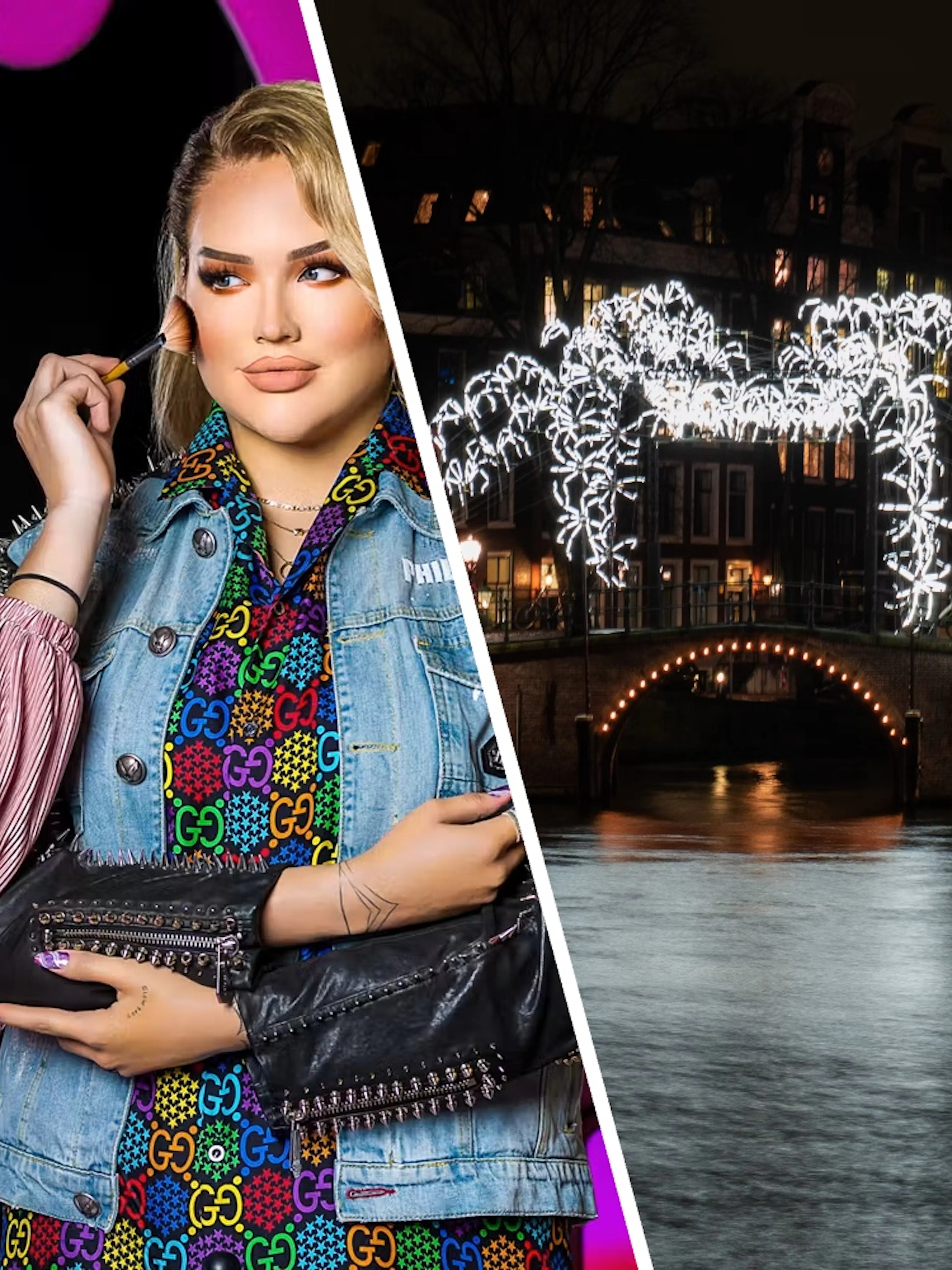 Madame Tussauds Amsterdam wax figure with makeup artist; Amsterdam Light Festival canal bridge.