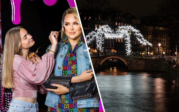 Madame Tussauds Amsterdam wax figure with makeup artist; Amsterdam Light Festival canal bridge.