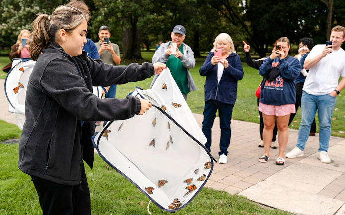Butterfly release demonstration at Niagara Falls Butterfly Conservatory, Canada.