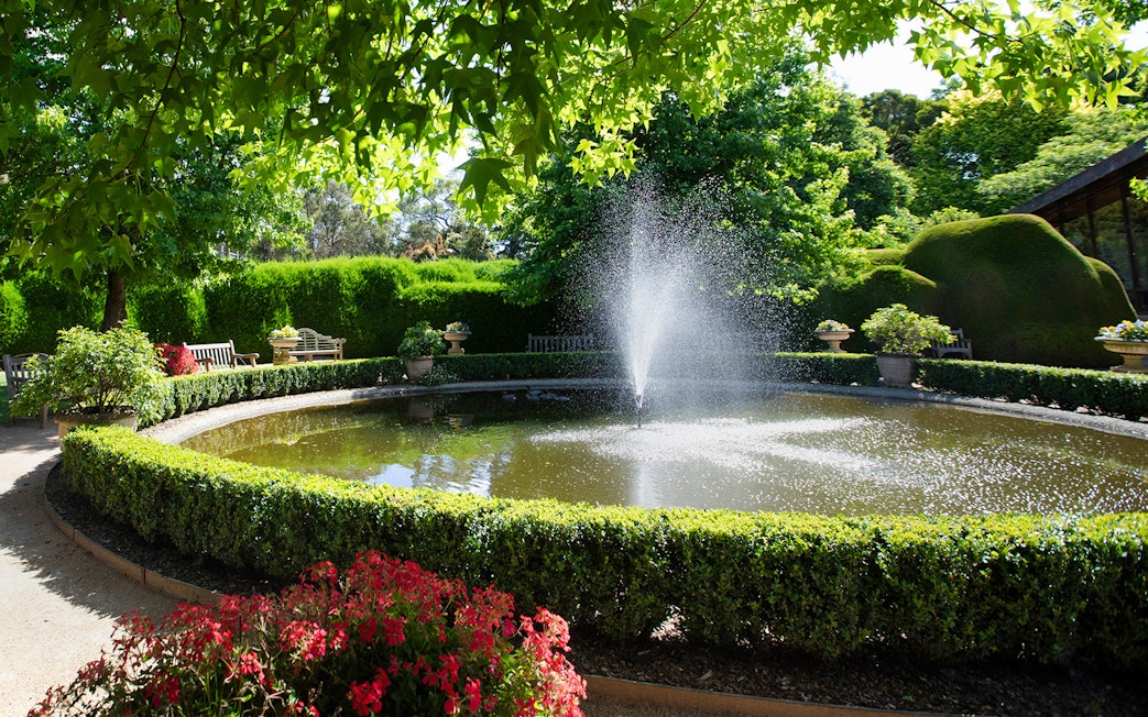 Fountain surrounded by greenery at Aschombe Maze & Lavender Gardens.