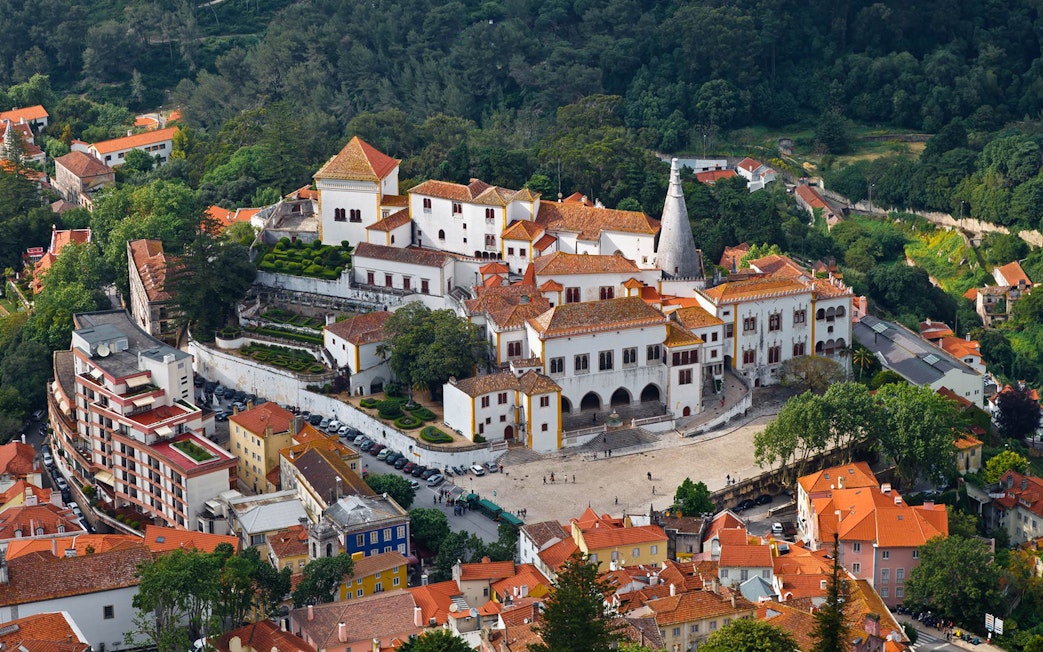 National Sintra Palace aerial view with surrounding gardens and town, Sintra, Portugal.