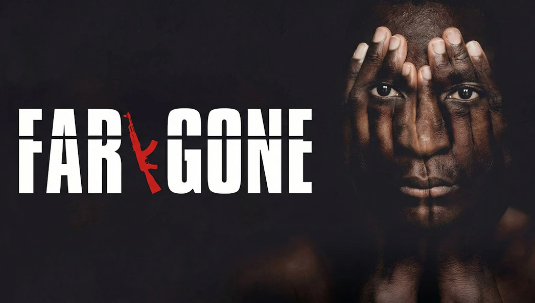 Far Gone West End show poster with face and red rifle graphic