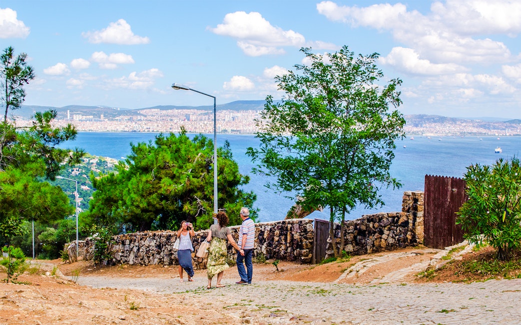 View from Saint George Monastery on Büyükada Island, Turkey, overlooking the sea and cityscape.