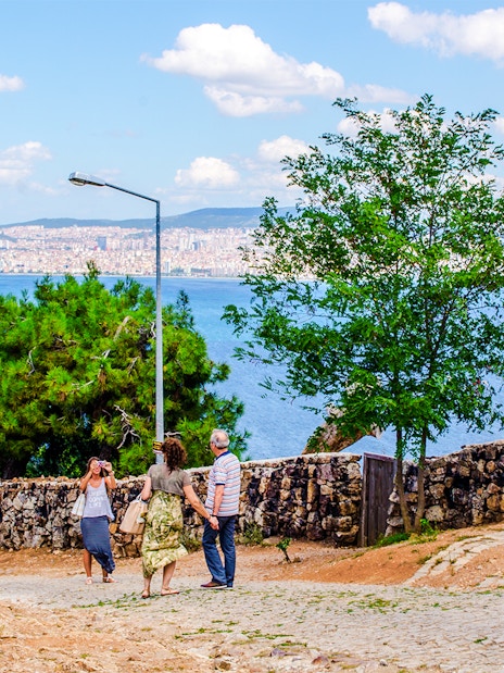 View from Saint George Monastery on Büyükada Island, Turkey, overlooking the sea and cityscape.
