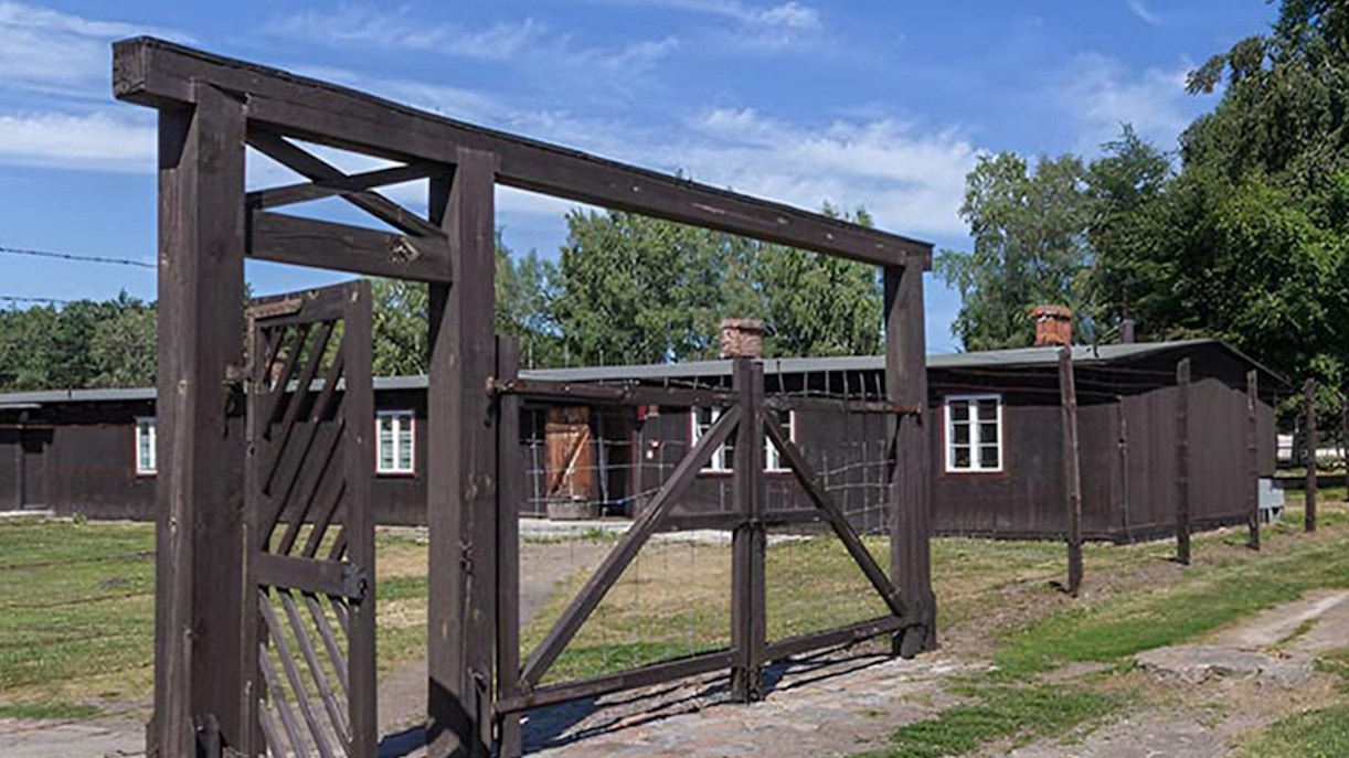 Stutthof Concentration Camp entrance with historical buildings in Gdansk, Poland.