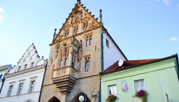 Stone House facade with ornate Gothic details in Kutna Hora, Czech Republic.