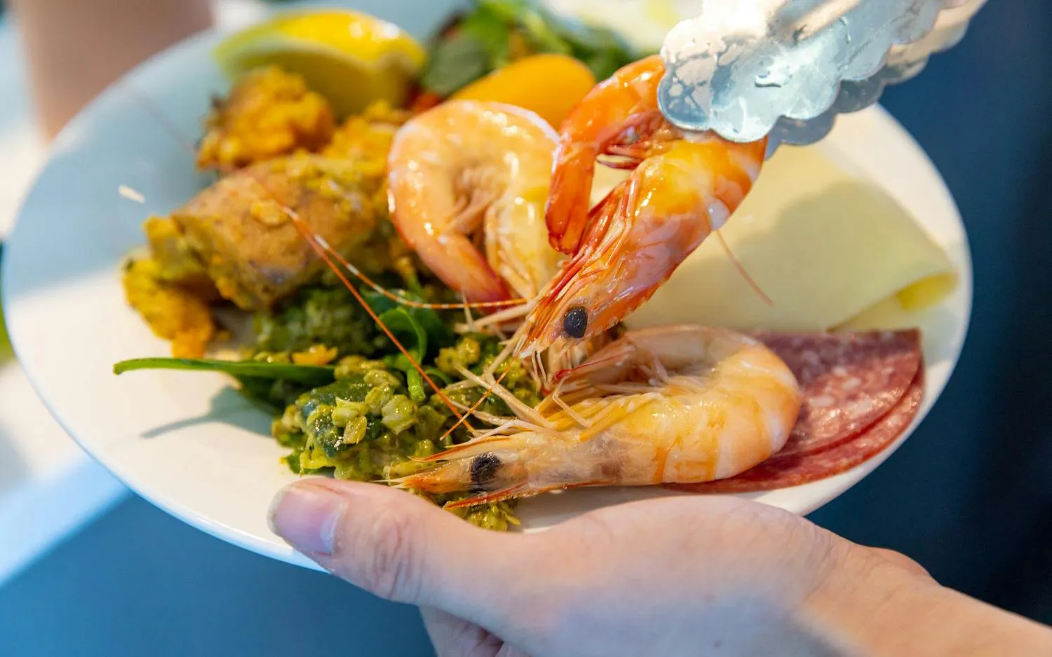 Seafood platter with prawns served on Sunlover Reef Cruises, Great Barrier Reef.